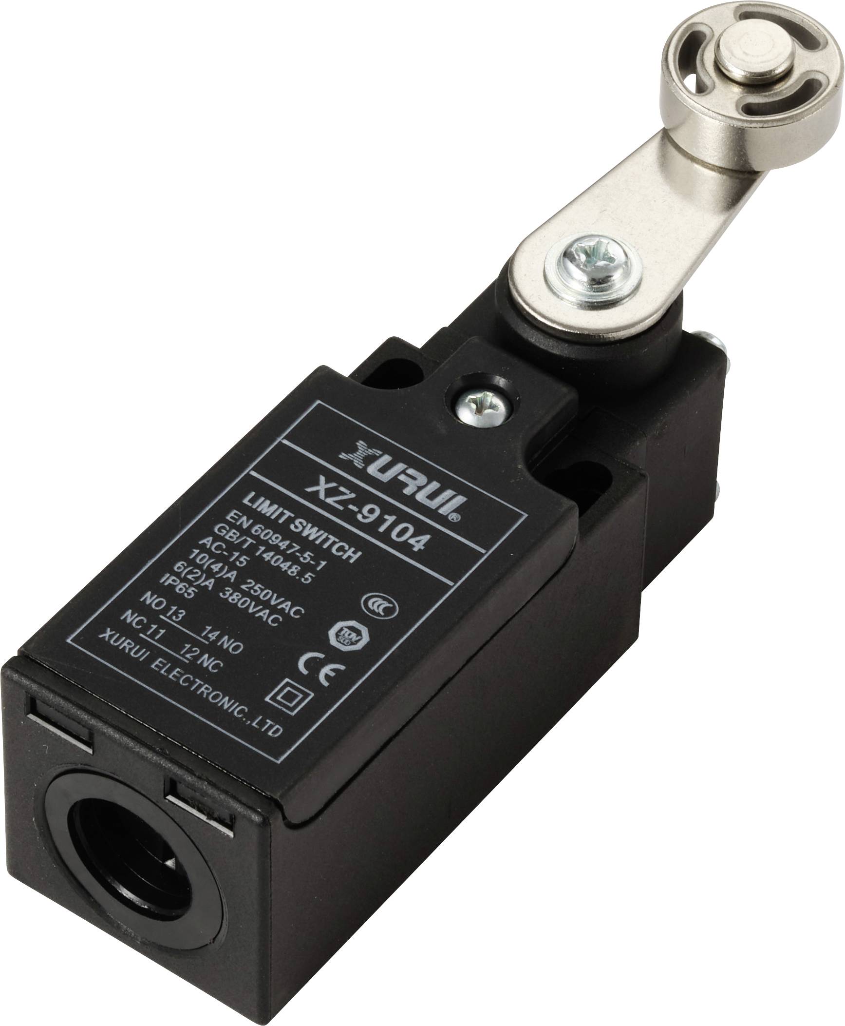 Un modulo finecorsa con leva a braccio e testa a rullo. Sul corpo sono visibili le specifiche tecniche e i marchi di fabbrica.