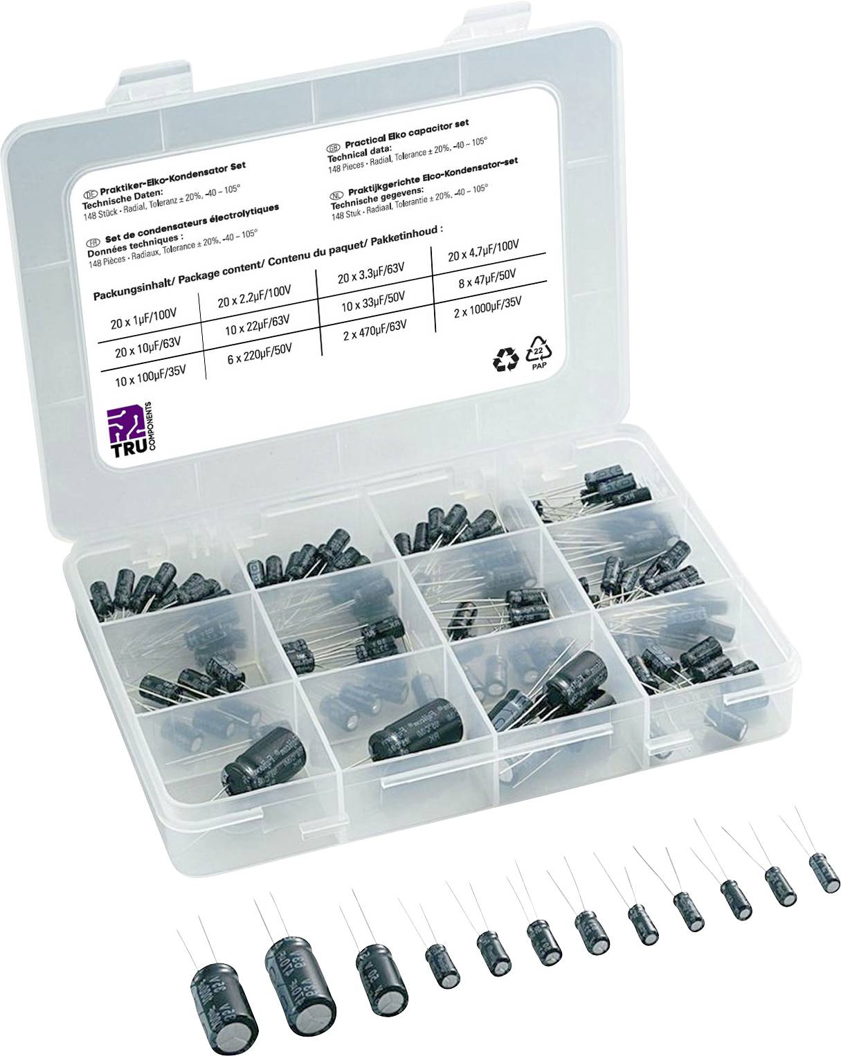 Un contenitore di plastica trasparente con scompartimenti, contenente condensatori di varie dimensioni e tipologie. Un'etichetta all'interno elenca le specifiche.