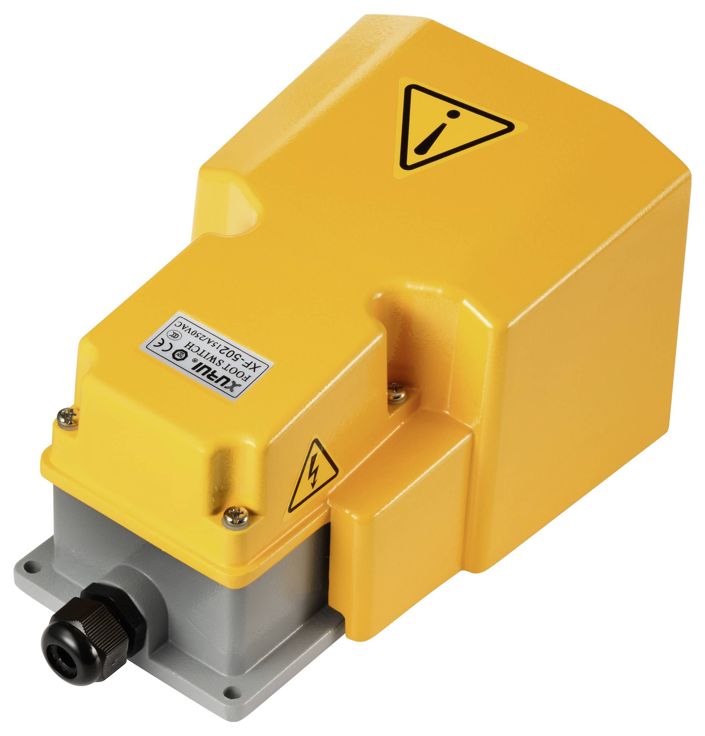 Dispositivo elettrico giallo con segnaletica di sicurezza e connettore, destinato a usi industriali.