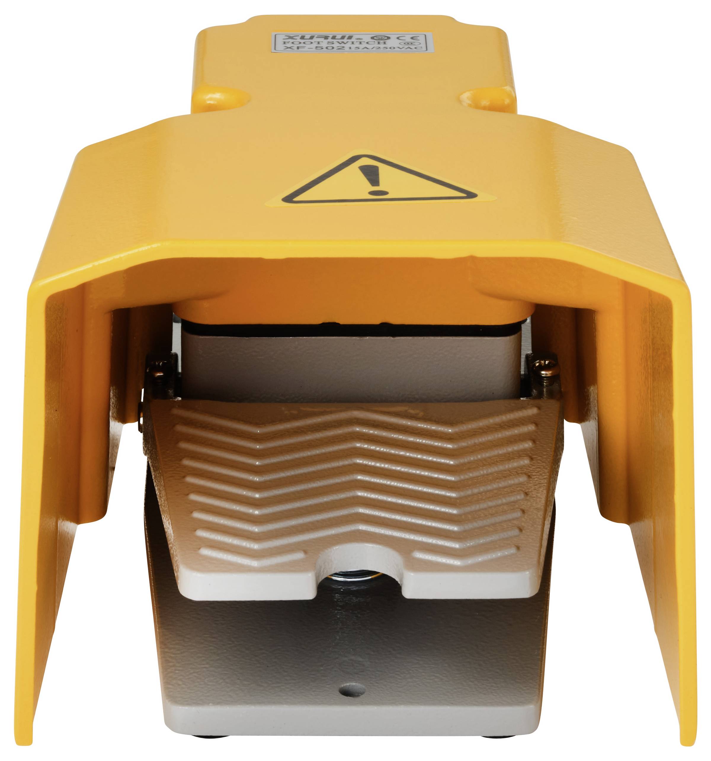 Pedale giallo con copertura di protezione e triangolo di avvertimento. Viene utilizzato frequentemente in applicazioni industriali per il controllo delle macchine.