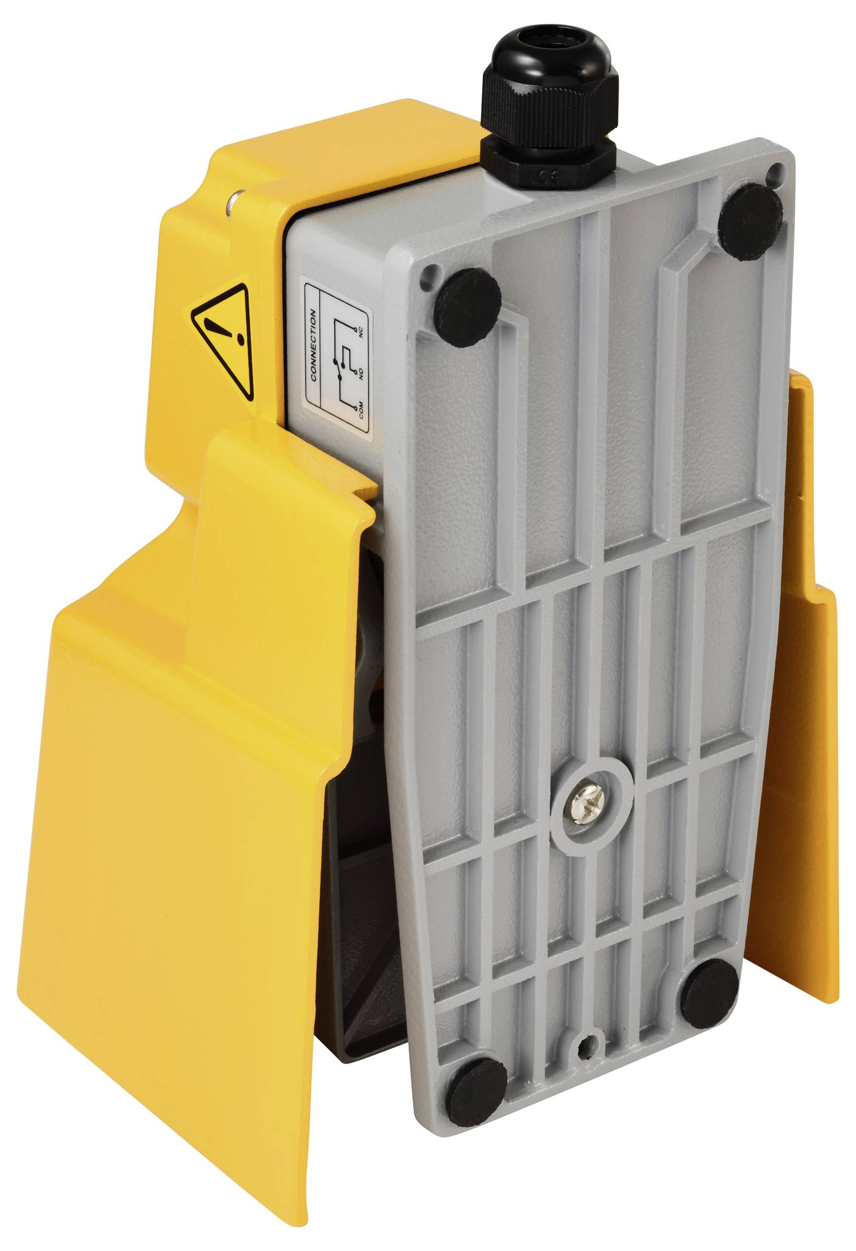 Involucro protettivo giallo con passacavo nero e piastra di fissaggio grigia, possibilmente per apparecchiature elettriche o macchinari.