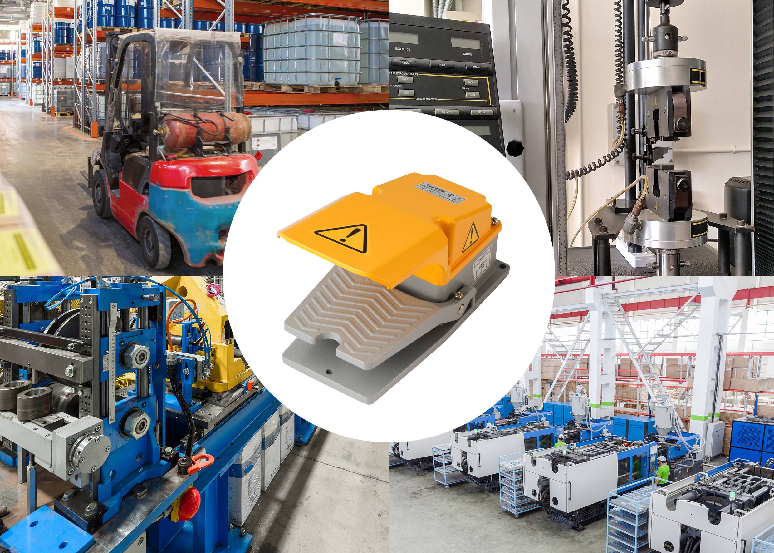 Collage di immagini con carrello elevatore, pedale giallo, macchinari industriali e sistemi di controllo in un magazzino.