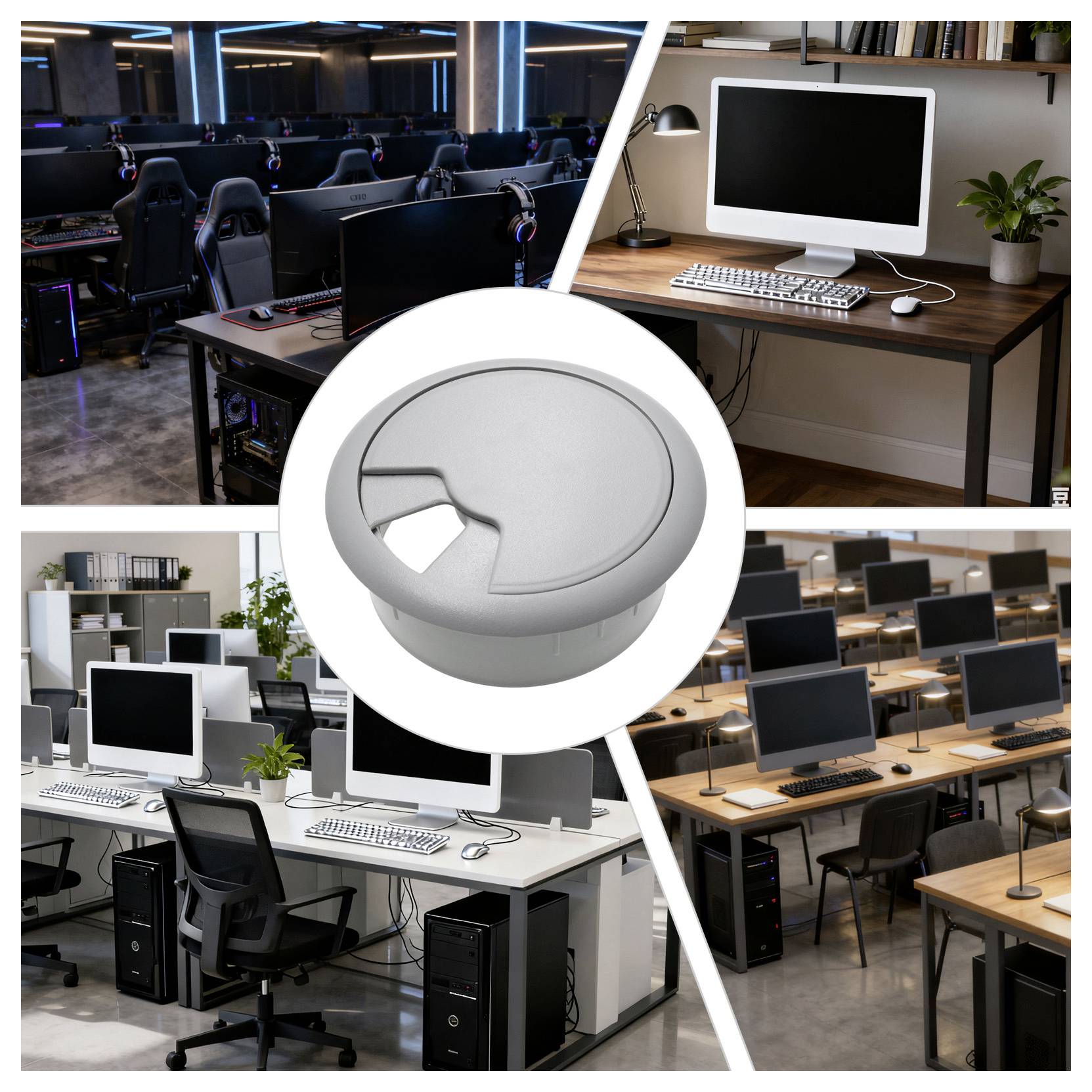 Collage di configurazioni di uffici: in alto a sinistra scrivanie da gaming, in alto a destra setup minimalista, in basso a sinistra spazio di lavoro ampio, in basso a destra disposizione di aula, e un passacavo rotondo al centro.