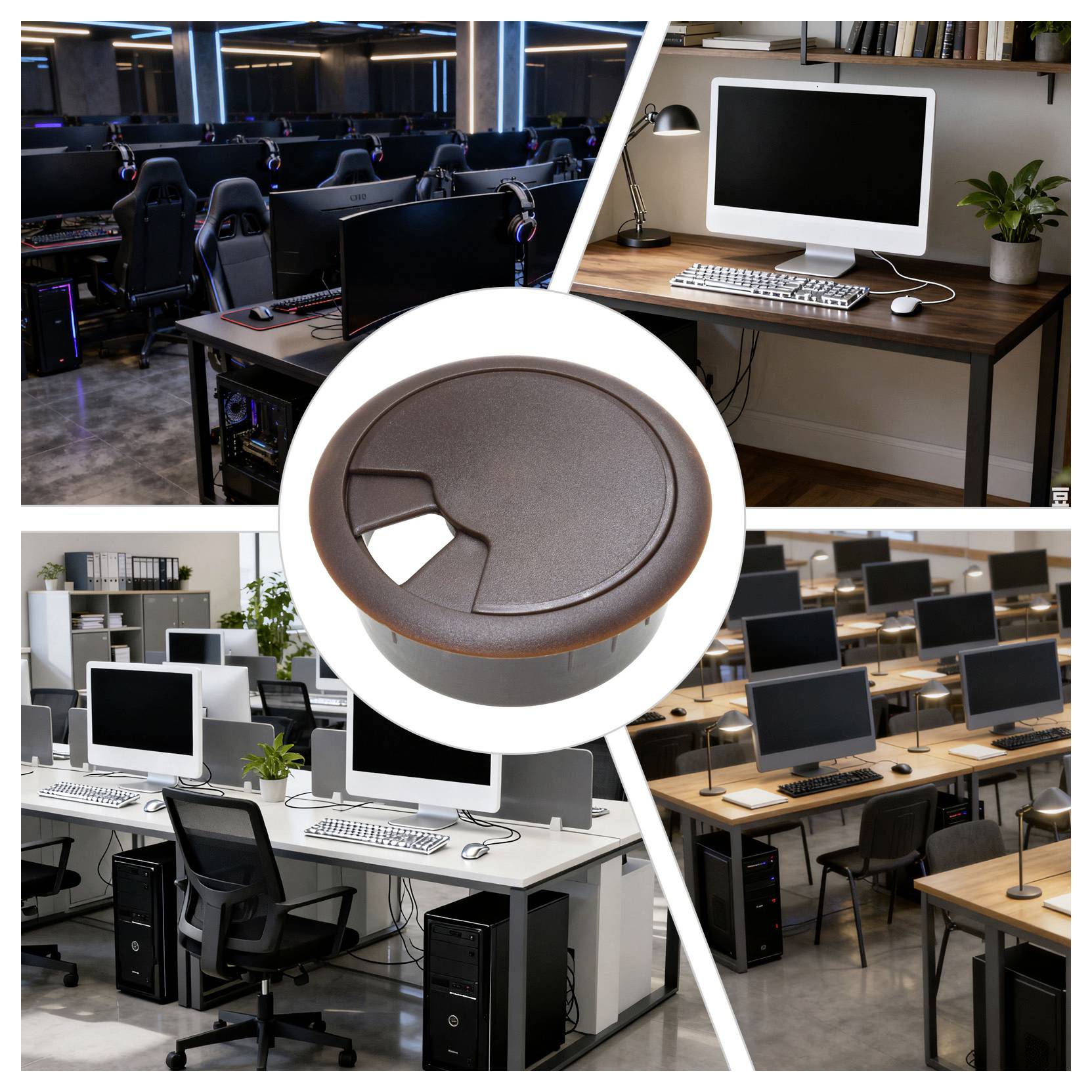 Collage di diversi layout di uffici con postazioni di lavoro con computer, sedie per ufficio moderne e un passacavi centrale.