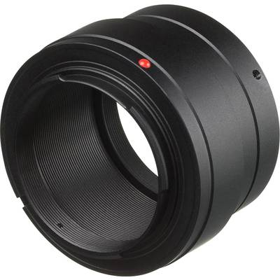 Un anello adattatore nero per fotocamere con superficie interna zigrinata e un punto rosso in alto, che consente di montare obiettivi su corpi macchina fotografiche.