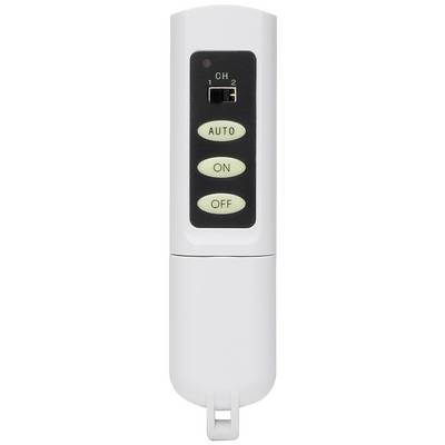 Telecomando bianco con un cursore e tre pulsanti 'AUTO', 'ON', 'OFF'. Progettato per l'impostazione dei canali e il controllo.