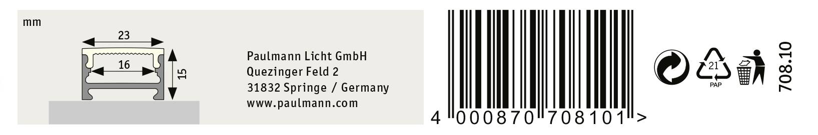 Etichetta con codice a barre con dimensioni del prodotto (23x15 mm), codice QR, simbolo di riciclaggio e dati di contatto: Paulmann Licht GmbH, Germania.