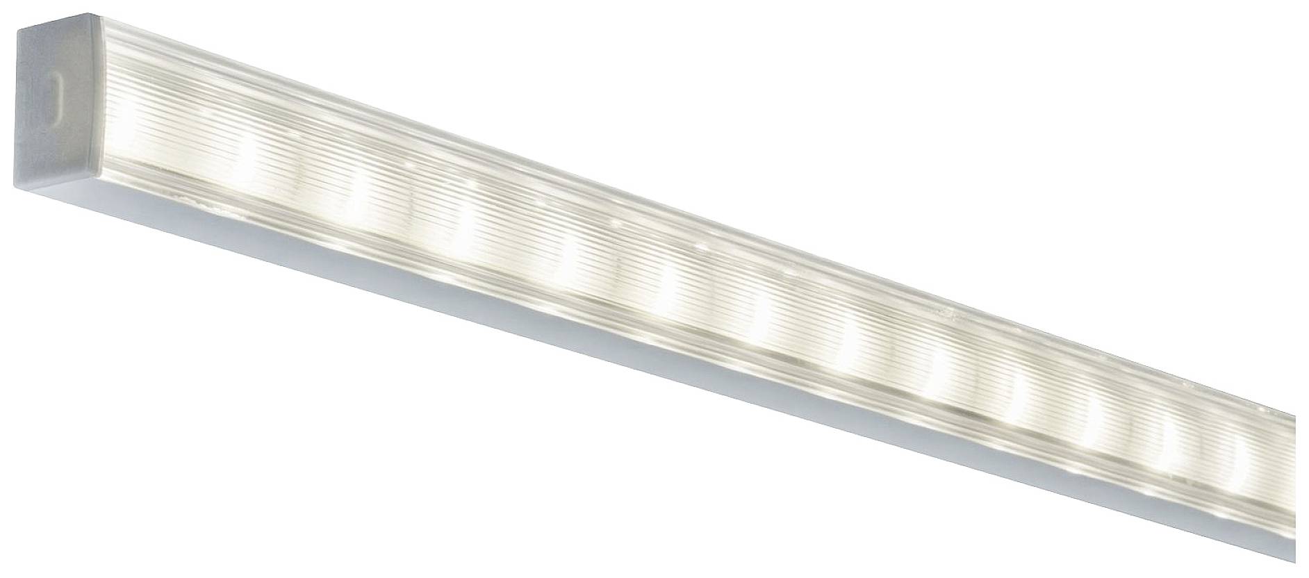 Lampada a LED rettangolare allungata, raffigurata obliquamente, in colore bianco con diversi inserti a lampadina.