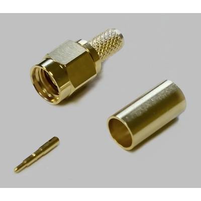 Componenti per connettori color oro, tra cui un connettore principale con scanalature, un alloggiamento e un pin più piccolo, su sfondo grigio.