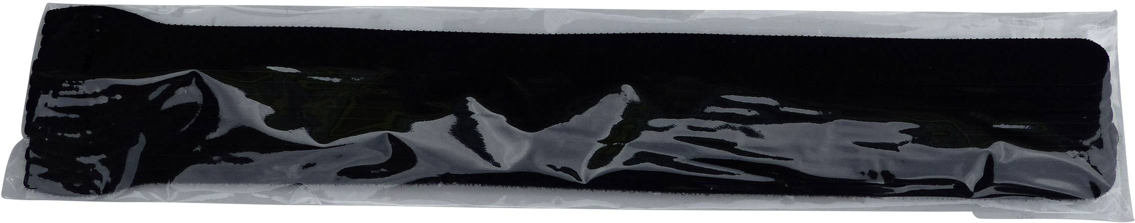 Un nastro di velcro nero in un imballaggio di plastica trasparente.