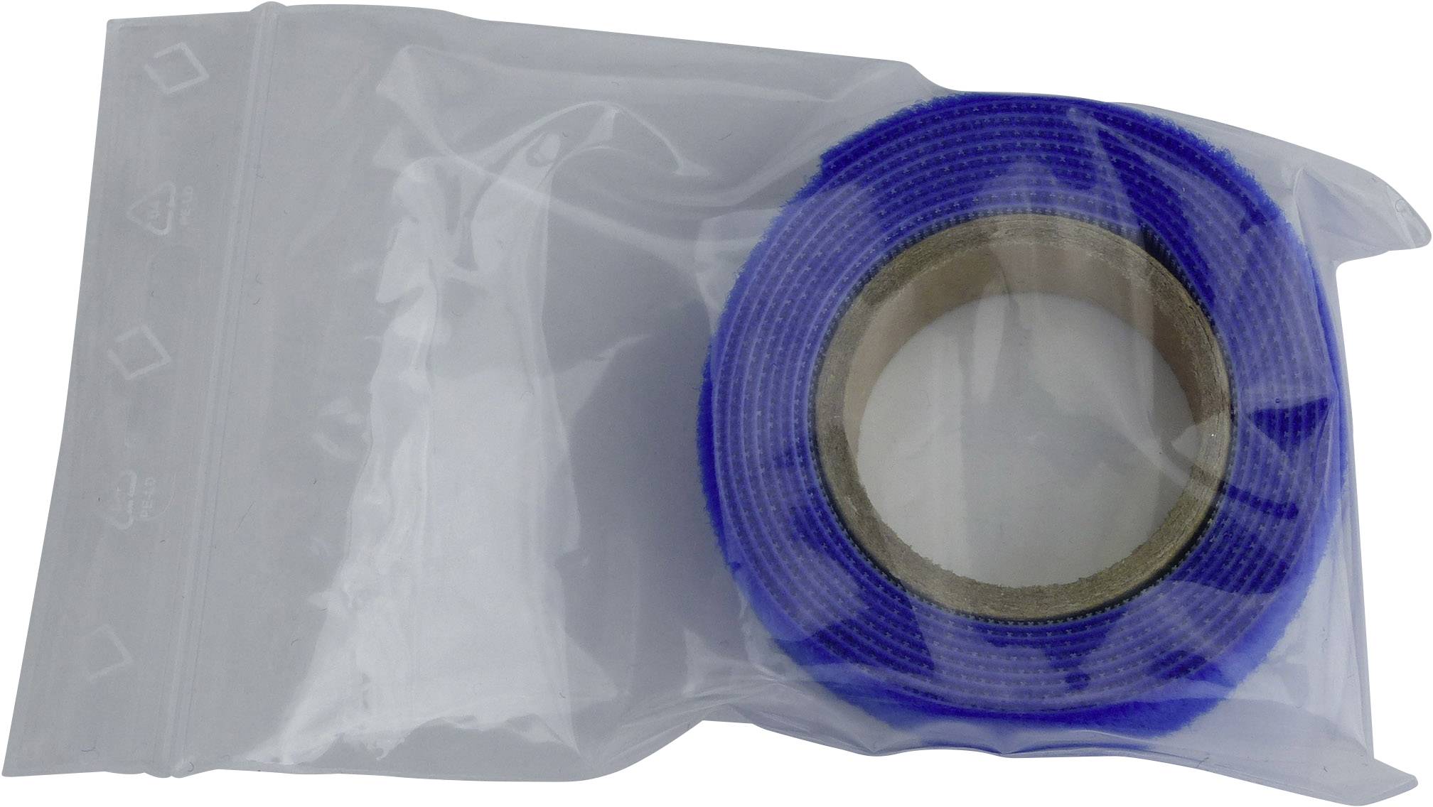 Un rotolo di nastro adesivo blu in un sacchetto di plastica trasparente.