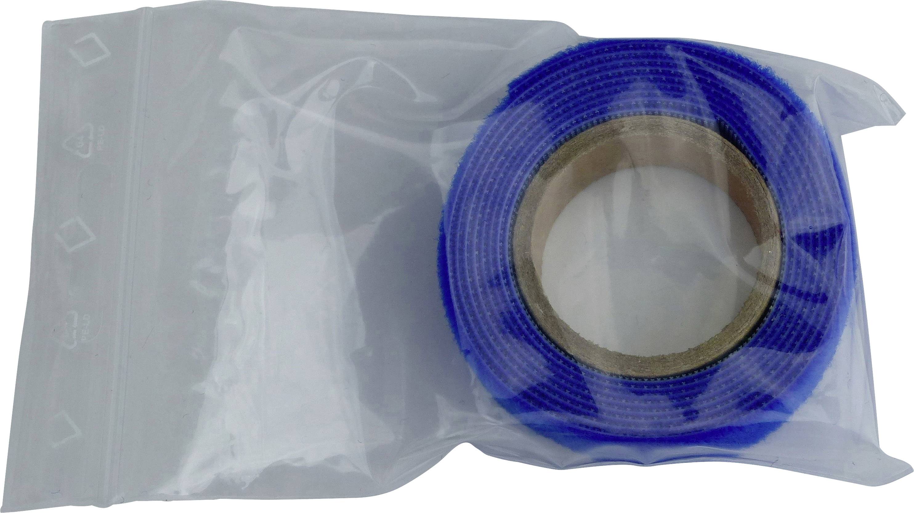 Un rotolo di nastro a strappo blu in un sacchetto di plastica trasparente.