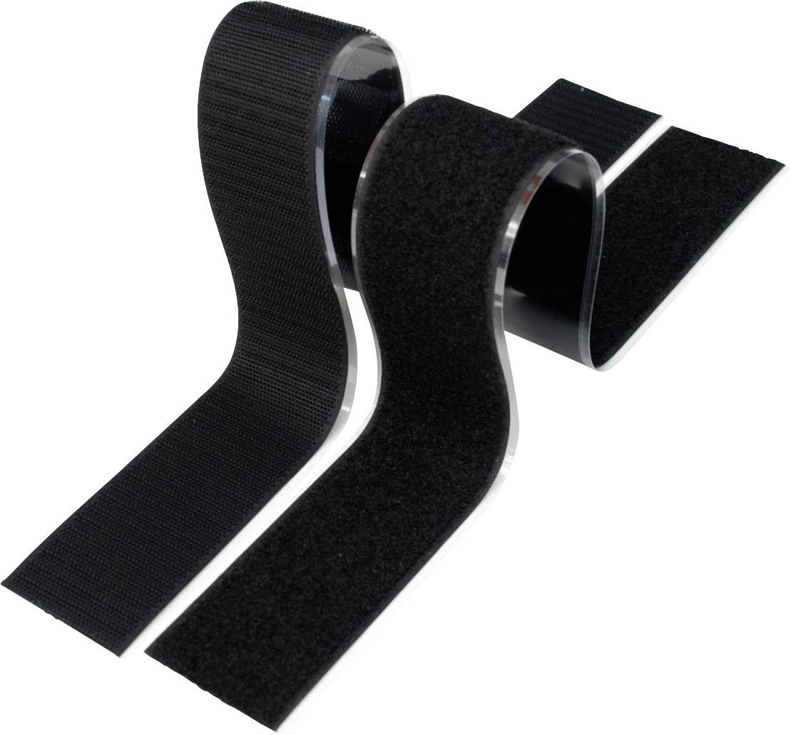 Nastro a chiusura a strappo nero, composto da due parti: lato con uncini a sinistra e lato morbido a destra, mostrato in forma curva.