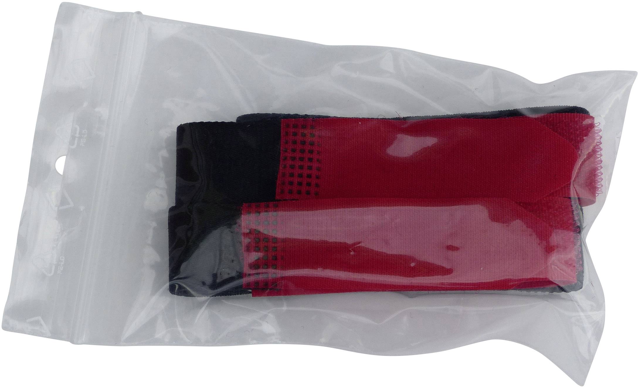 Cinturino sportivo rosso e nero in una confezione di plastica trasparente.