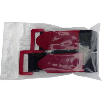 Fasce elastiche rosse in un sacchetto di plastica trasparente, con impugnature nere e maniglie rosse.