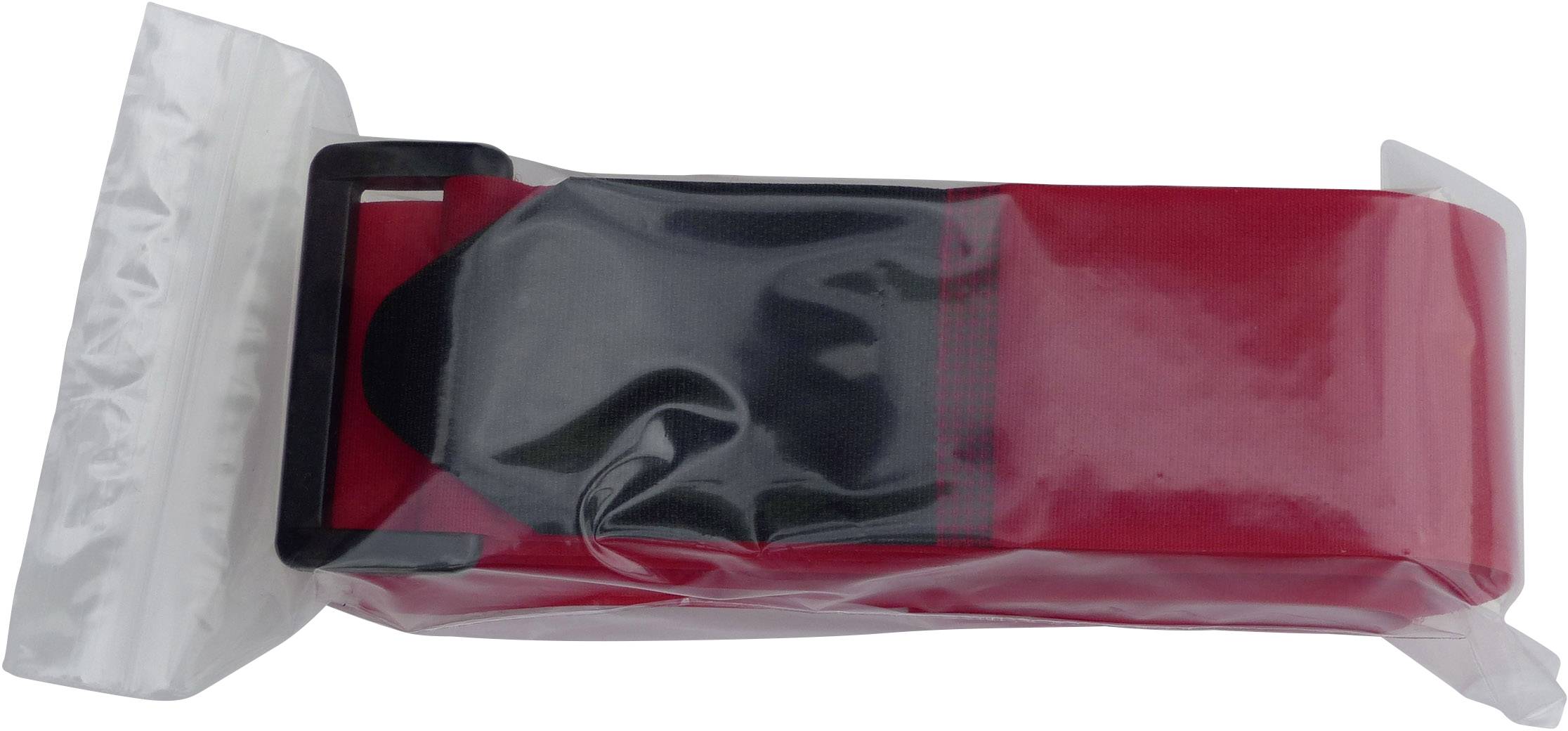 Una cinghia di fissaggio rossa avvolta in plastica con gancio metallico nero, utilizzabile per il fissaggio del carico.