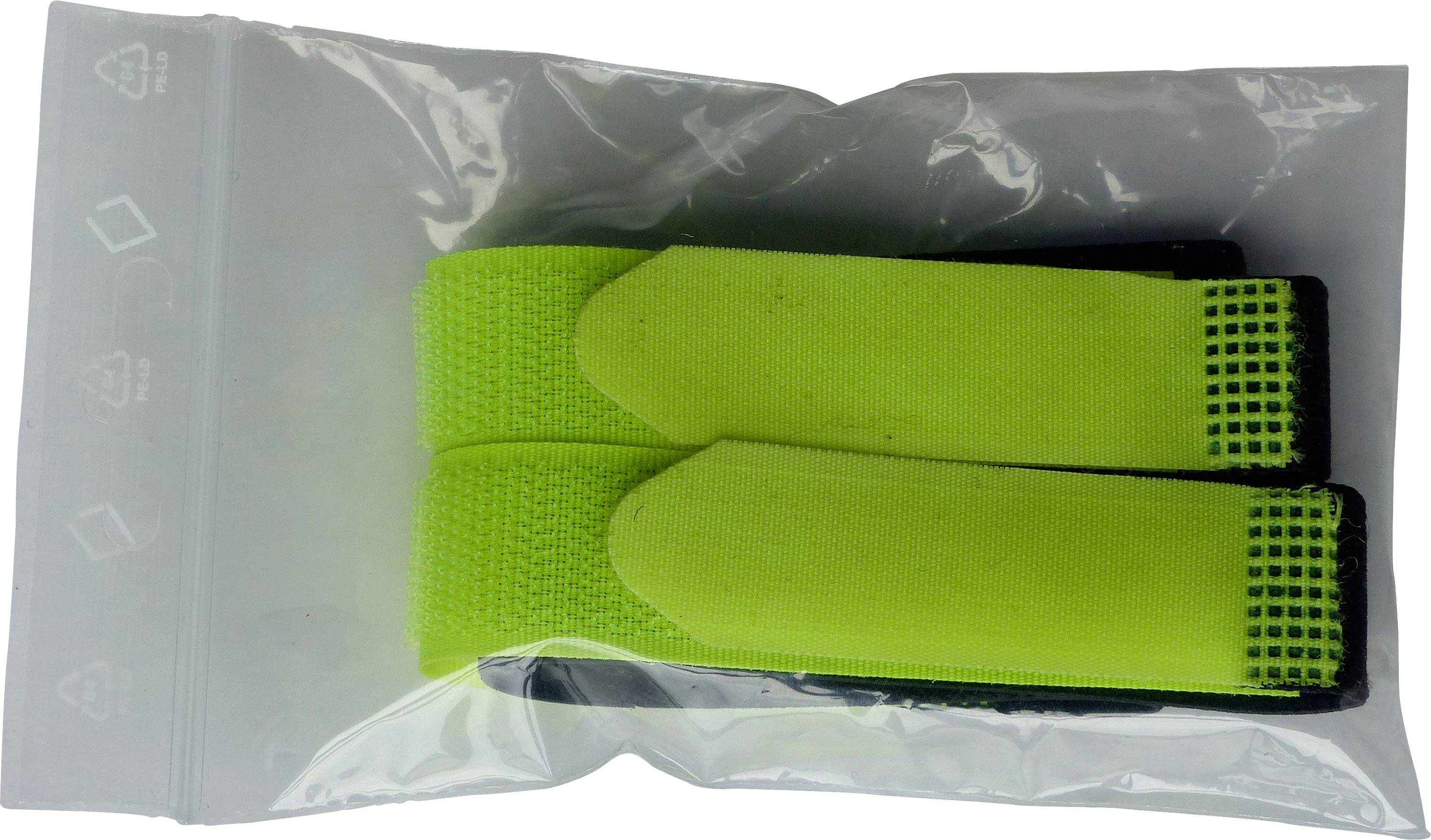 Due chiusure a strappo verdi in un sacchetto di plastica trasparente.