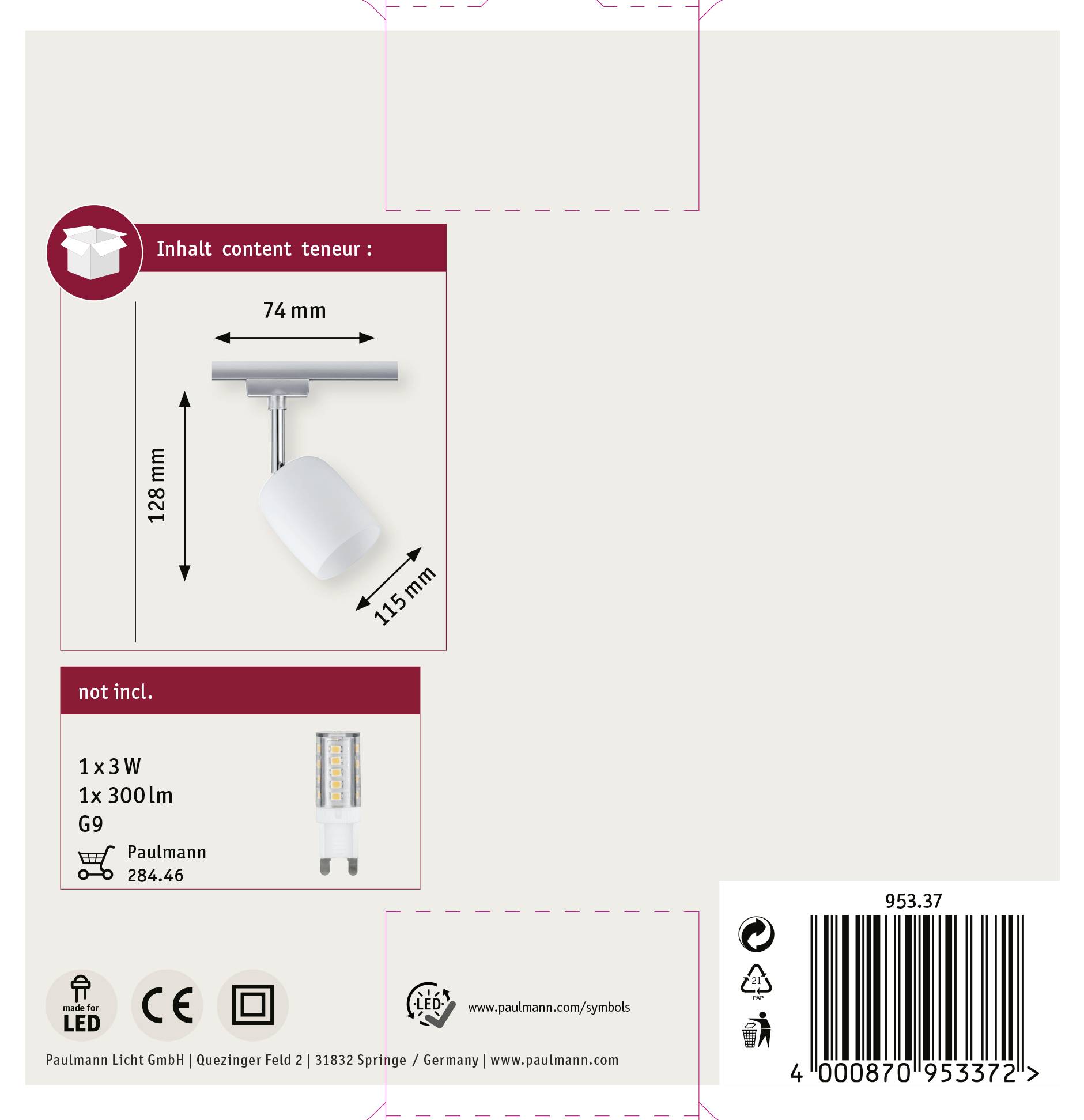 Confezione di un proiettore LED Paulmann a 1 punto luce. Contiene dimensioni: 128 mm x 74 mm x 115 mm. Classe di efficienza energetica G; lampadina non inclusa.