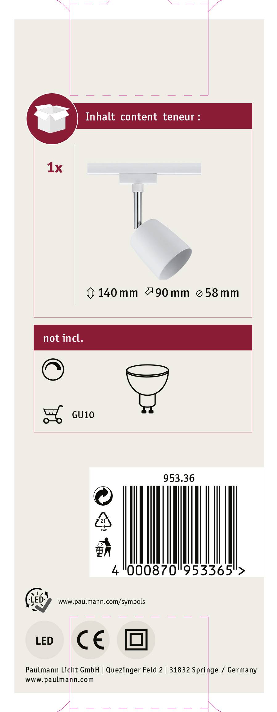 Confezione di un faretto LED da superficie con attacco GU10, compresi dimensioni della lampada: 140 mm, 90 mm, 58 mm. Codice a barre in basso.