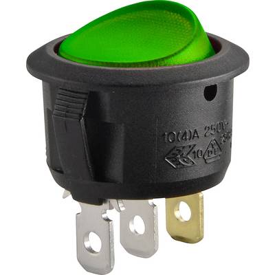 Un interruttore a levetta verde con custodia nera, tre attacchi metallici sul lato inferiore. Adatto per correnti fino a 10A, 250V.