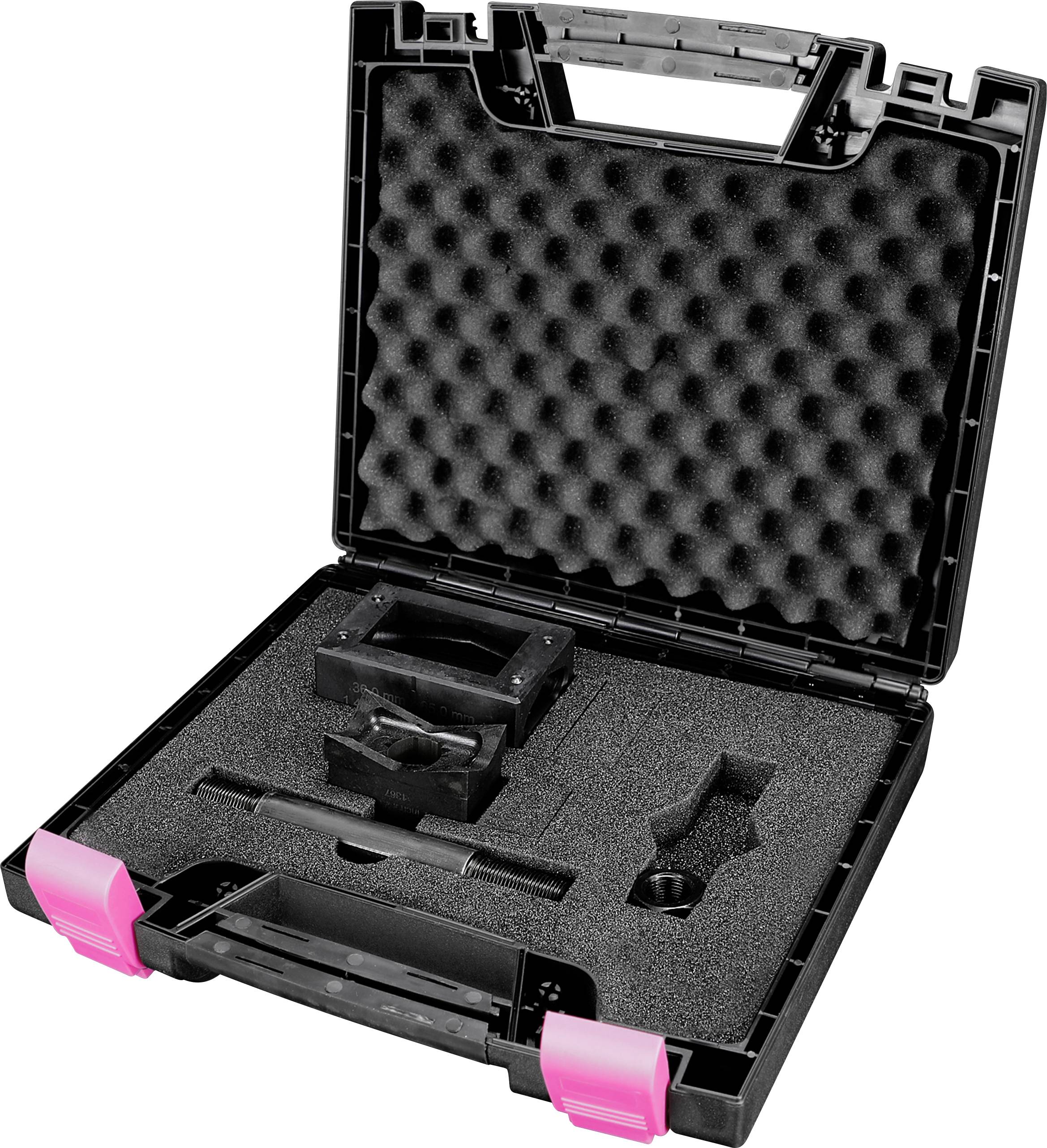 Valigia nera con chiusure rosa, contiene componenti sagomati per la conservazione sicura di dispositivi tecnici.