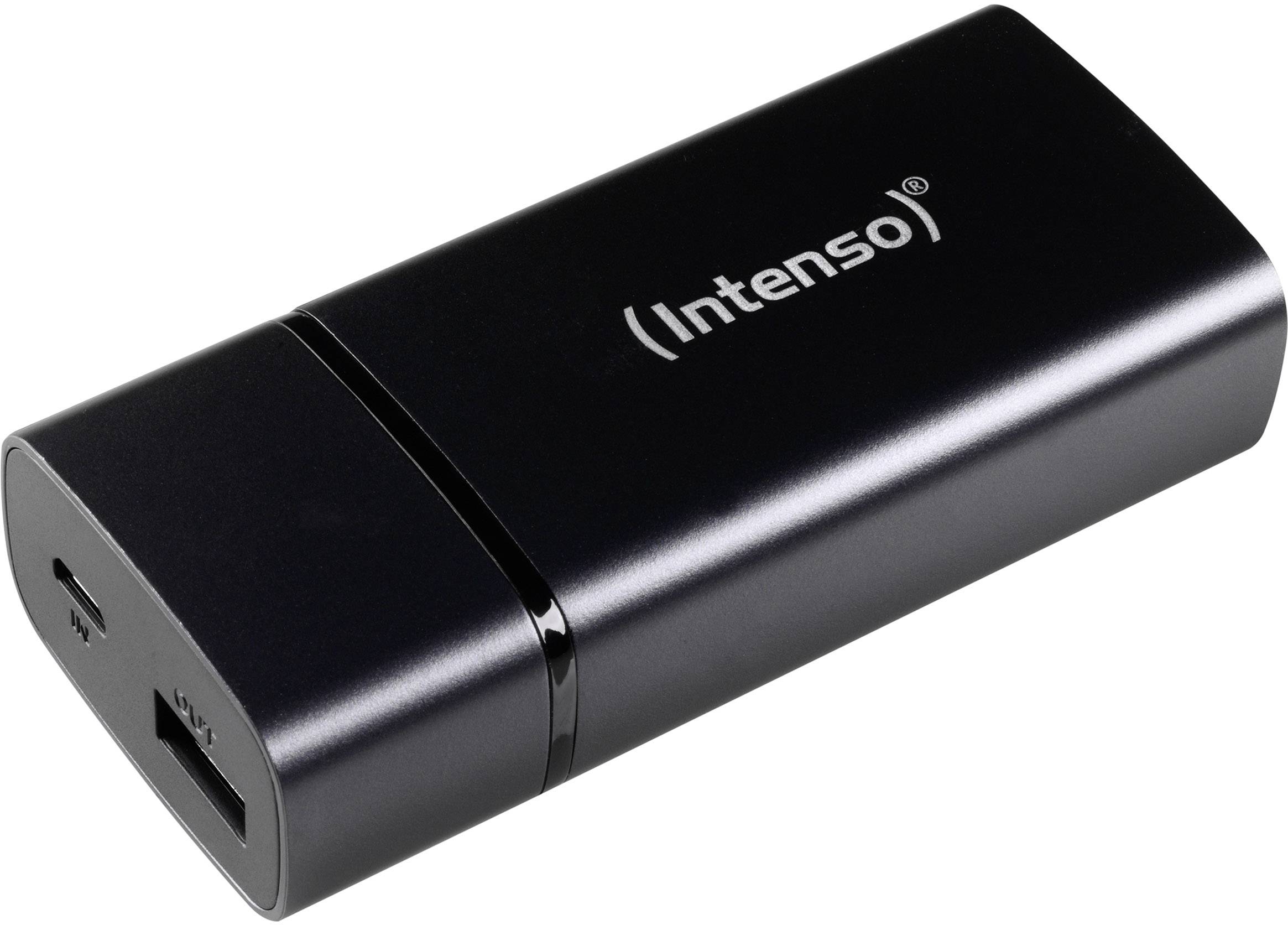 Powerbank portatile di colore nero di Intenso con porte USB e Micro-USB. Adatta per la ricarica mobile di dispositivi.
