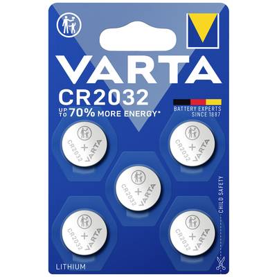 'Confezione di 5 batterie al litio VARTA CR2032. Caratteristiche principali: fino al 70% di energia in più, protezione bambini.'