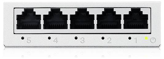 Un switch di rete con cinque porte Ethernet, numerate da 1 a 5, e un piccolo indicatore luminoso accanto alla porta 1.