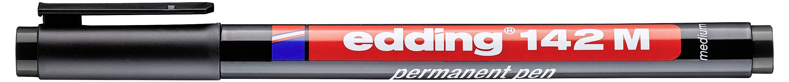 Pennarello permanente Edding 142 M nero con cappuccio e clip, mostrato in posizione orizzontale con etichetta rossa.