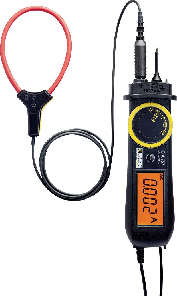 Multimetro portatile con display digitale che indica 0,072 A. Puntali rossi e neri; capocorda flessibile rosso.