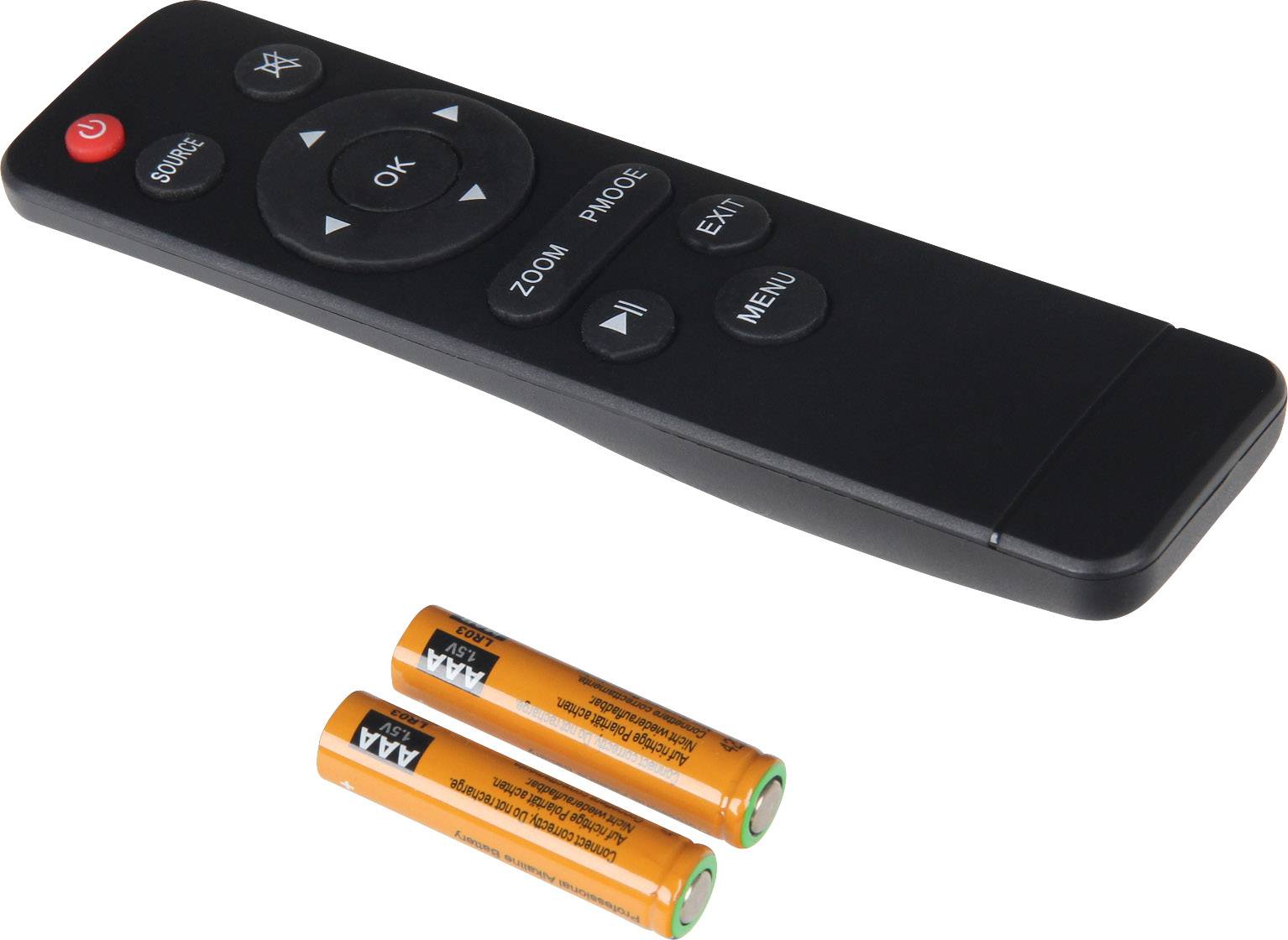 Telecomando nero con più tasti, tra cui 'OK', 'MENU' e 'EXIT'. Due batterie AA sono posizionate davanti.