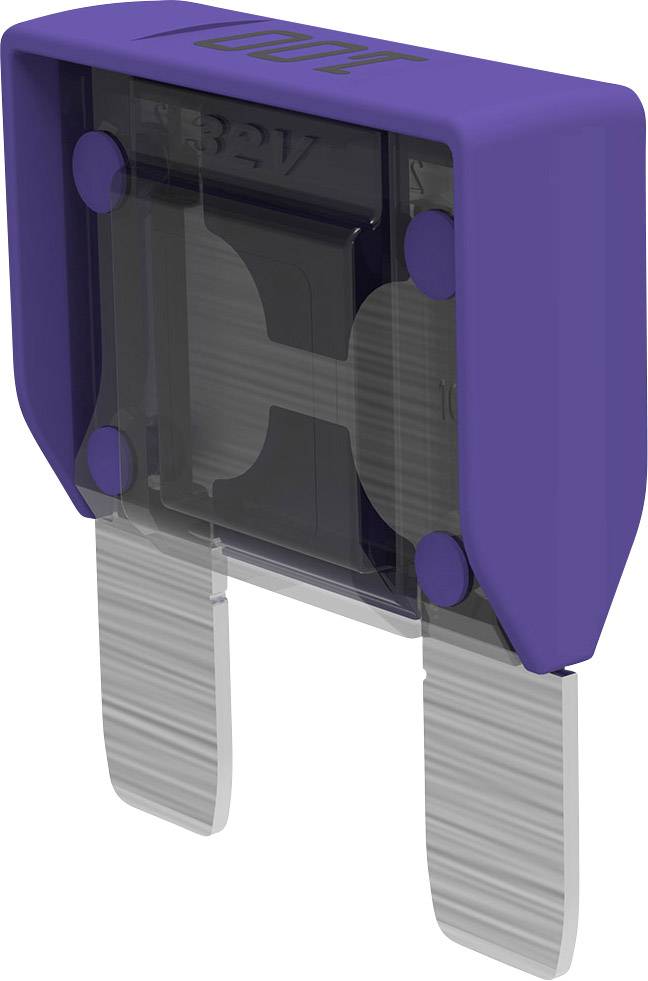Un fusibile piatto viola con stampa 32V, composto da un involucro trasparente e due guide metalliche.