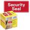 Un pacchetto rosso con la scritta 'Security Seal'; contiene etichette di sicurezza per sigillare oggetti.