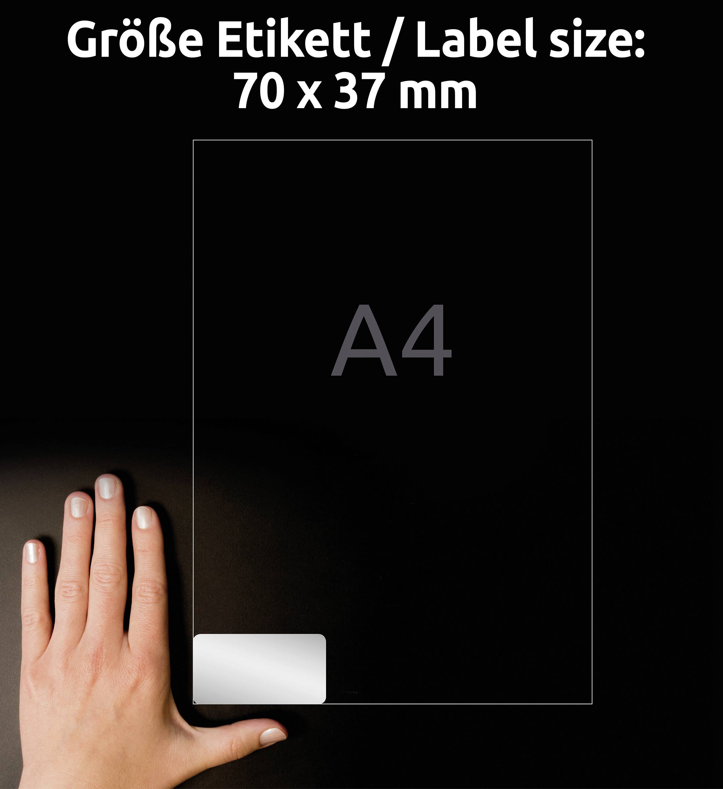 Mano con etichetta rettangolare in basso a sinistra su un foglio A4. Testo in alto: 'Dimensione etichetta / Dimensione etichetta: 70 x 37 mm'.