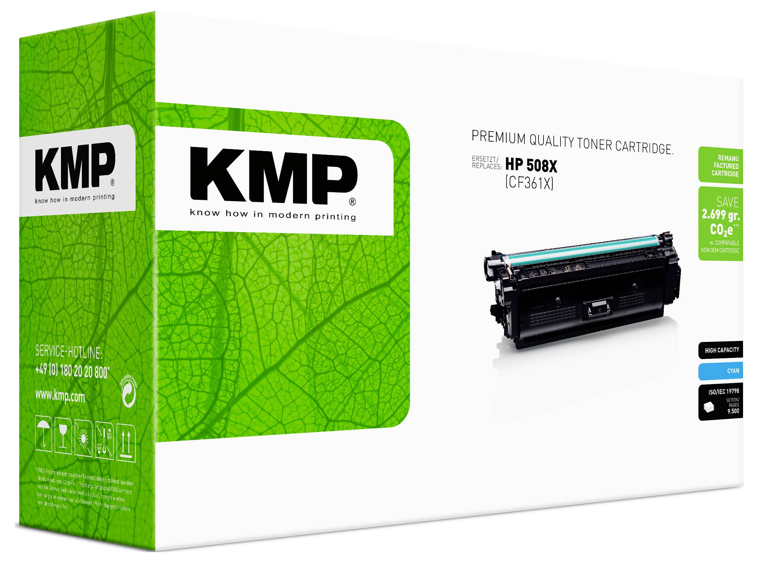 Imballaggio cartuccia toner KMP di qualità premium per HP 508X (CF361X), mostrato con una cartuccia toner e design con motivo a foglie verdi.