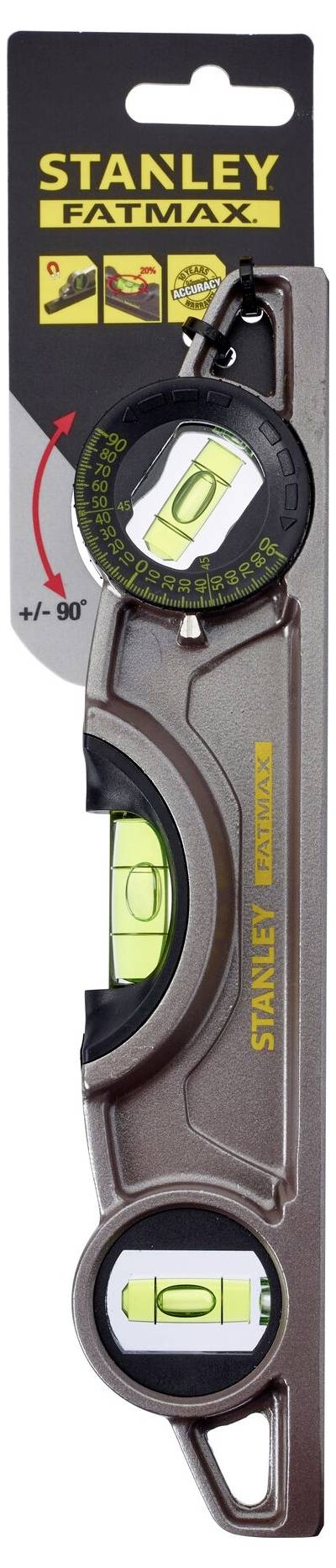 Una livella Stanley FatMax con due bolle integrate e un anello per l'imballaggio, ideale per un allineamento preciso.