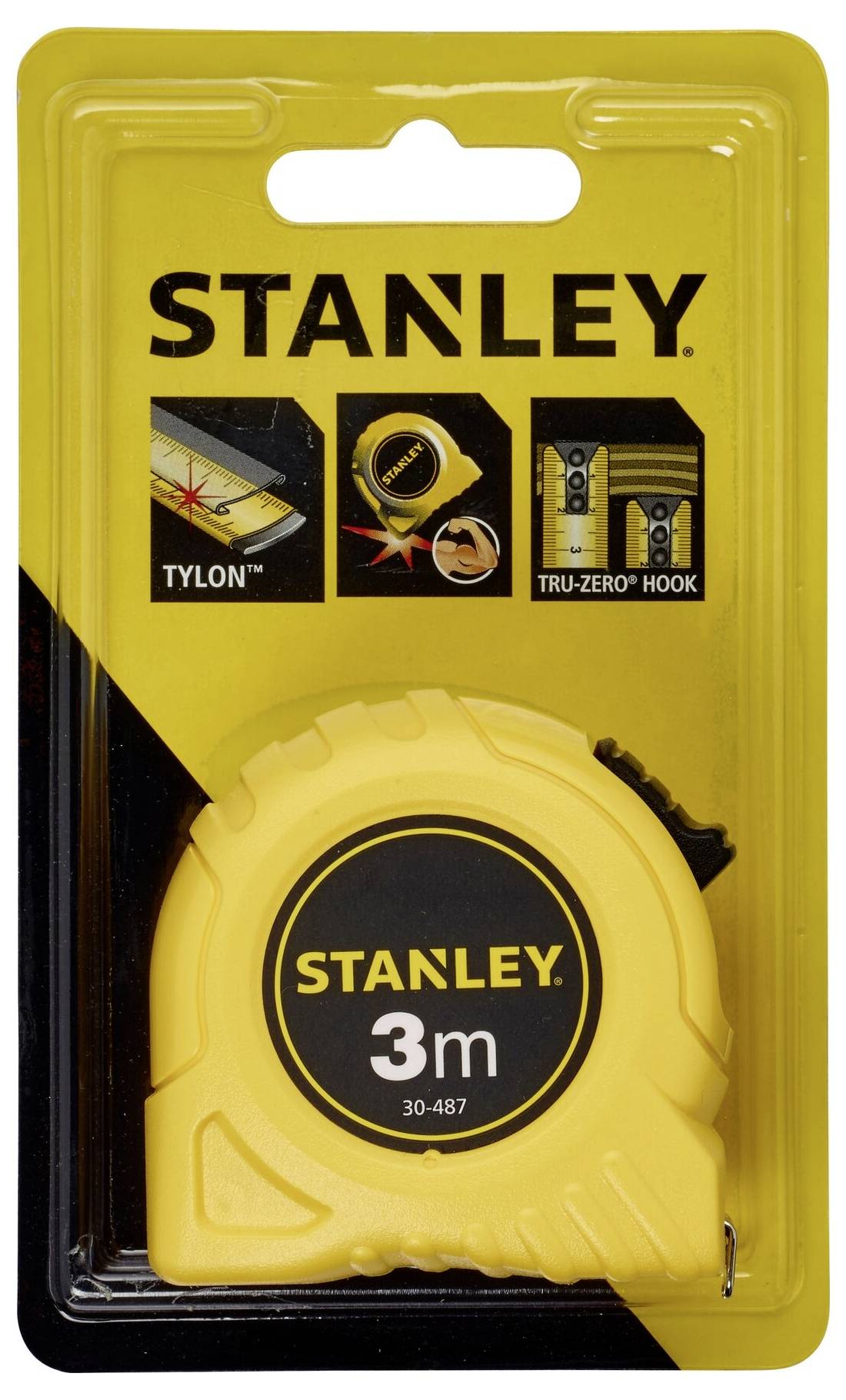 Nastro metrico Stanley giallo '3m' in confezione con testo sulla rivestimento Tylon e gancio Tru-Zero.