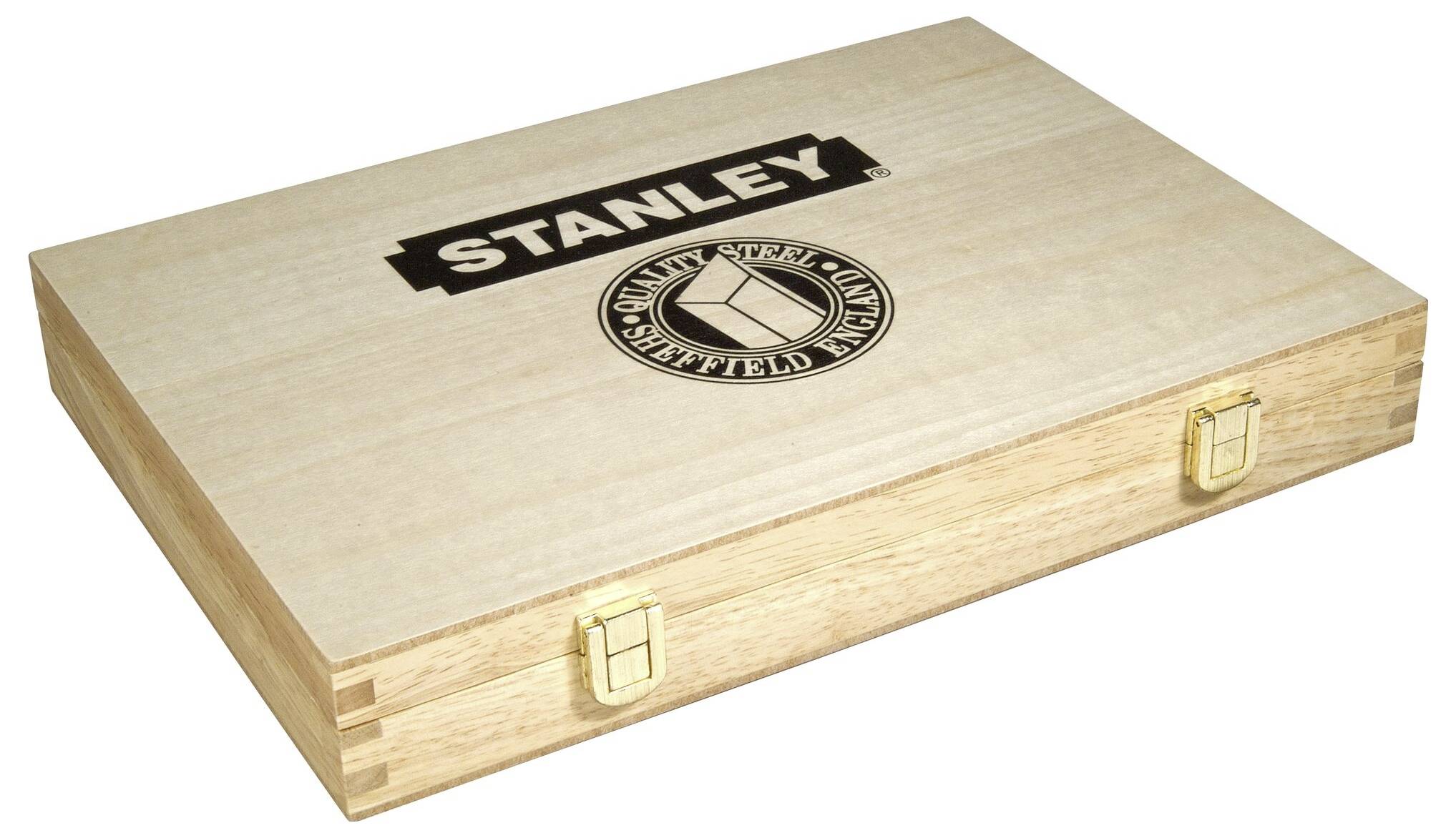 Scatola di legno con chiusure metalliche, logo del marchio 'Stanley' in alto.