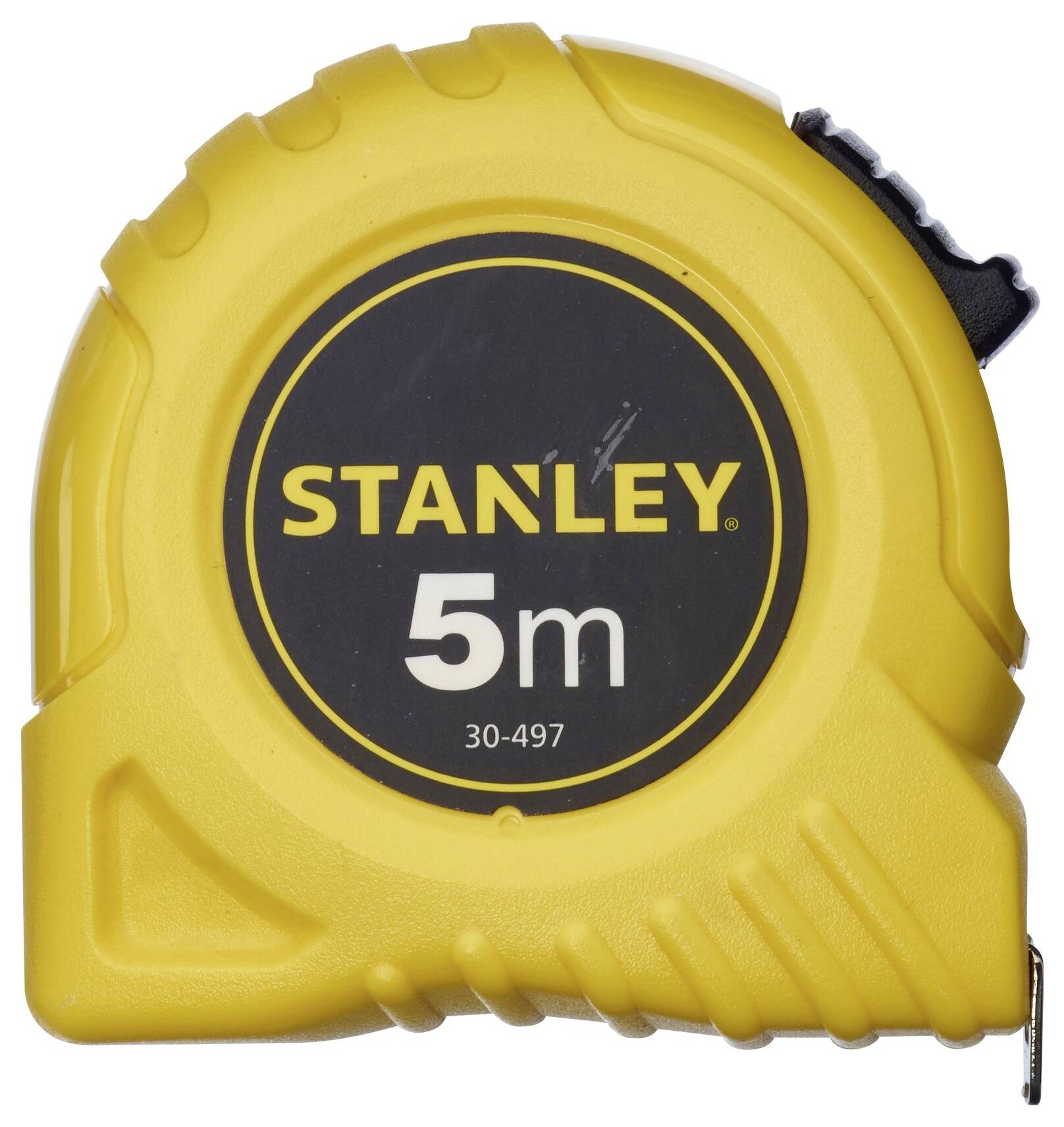 Un nastro metrico giallo con etichetta nera che riporta 'STANLEY 5m 30-497', mostra una lunghezza fino a 5 metri.