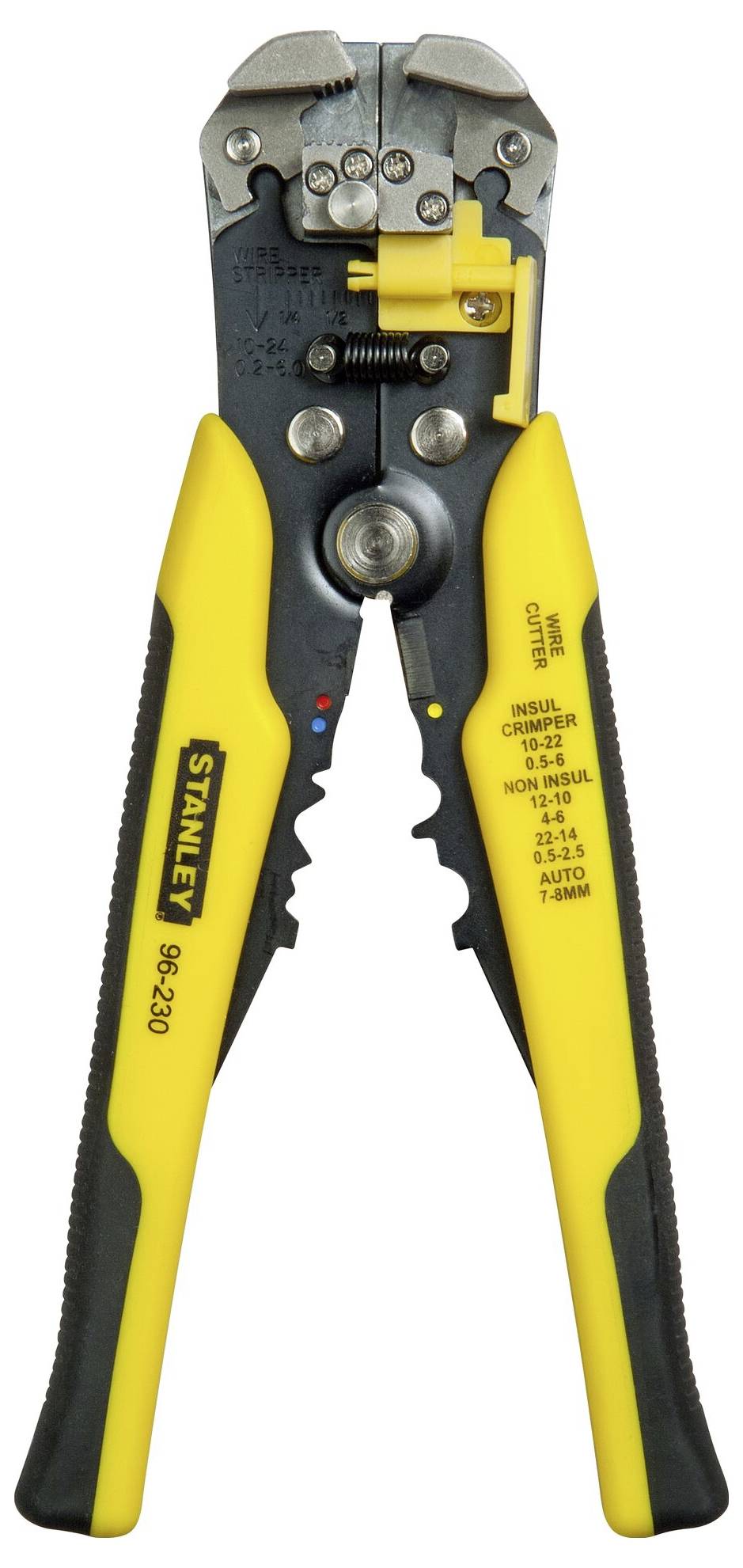 Pinza spelacavi con manico giallo e testa nera, adatta al taglio e alla spellatura di cavi di diversi spessori.
