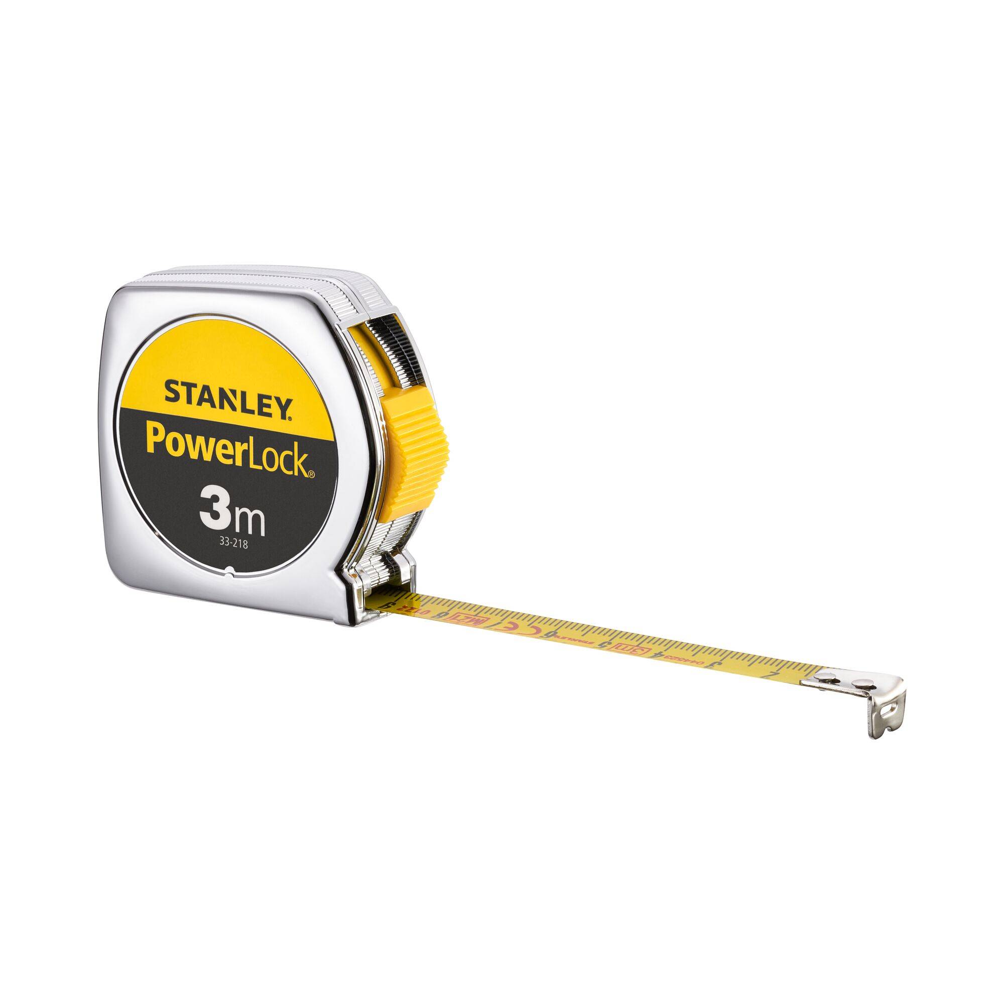 Un nastro metrico argento-giallo con la scritta 'STANLEY PowerLock 3m', parzialmente estratto.