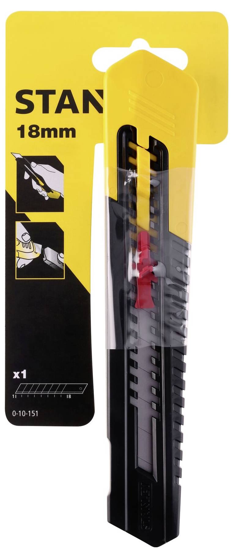 Design di imballaggio nero e giallo per un taglierino da 18 mm, con istruzioni di sicurezza illustrate e immagine del prodotto.