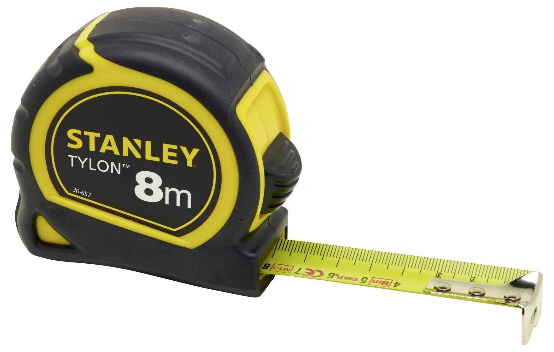 Rotella metrica nero e giallo con la stampa 'STANLEY TYLON 8m', parzialmente estratta.