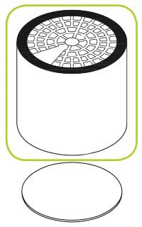 Diagramma di un oggetto cilindrico con un motivo a griglia in alto e un componente circolare separato in basso.