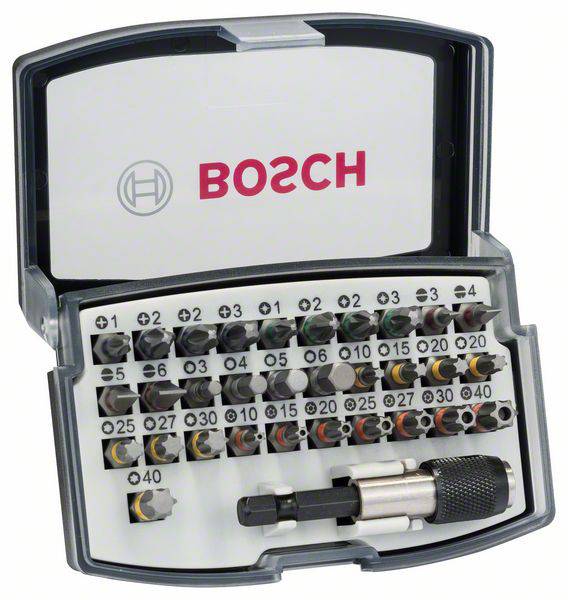 Un set di punte Bosch con diversi tipi di punte in una scatola aperta.