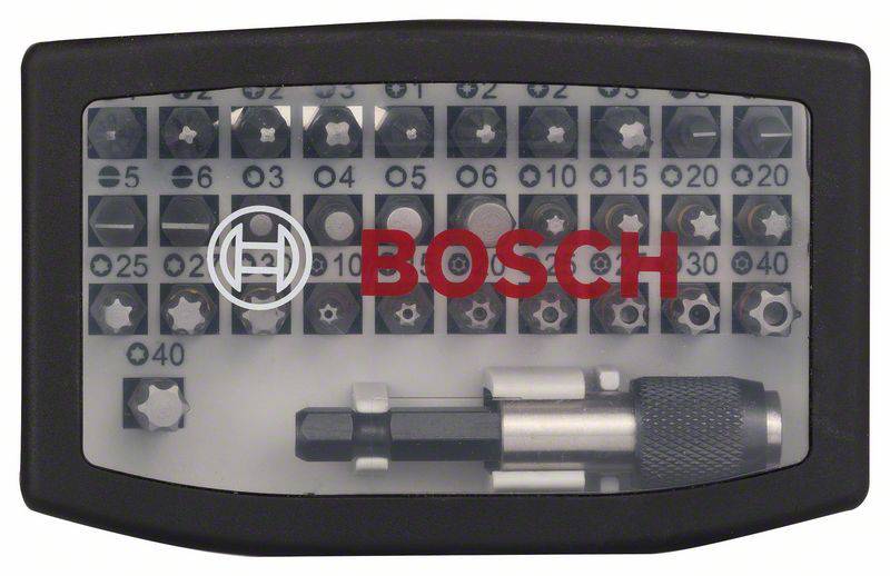 Set di bit Bosch con vari bit Torx e esagonali, incluso un supporto per bit, in una scatola trasparente.