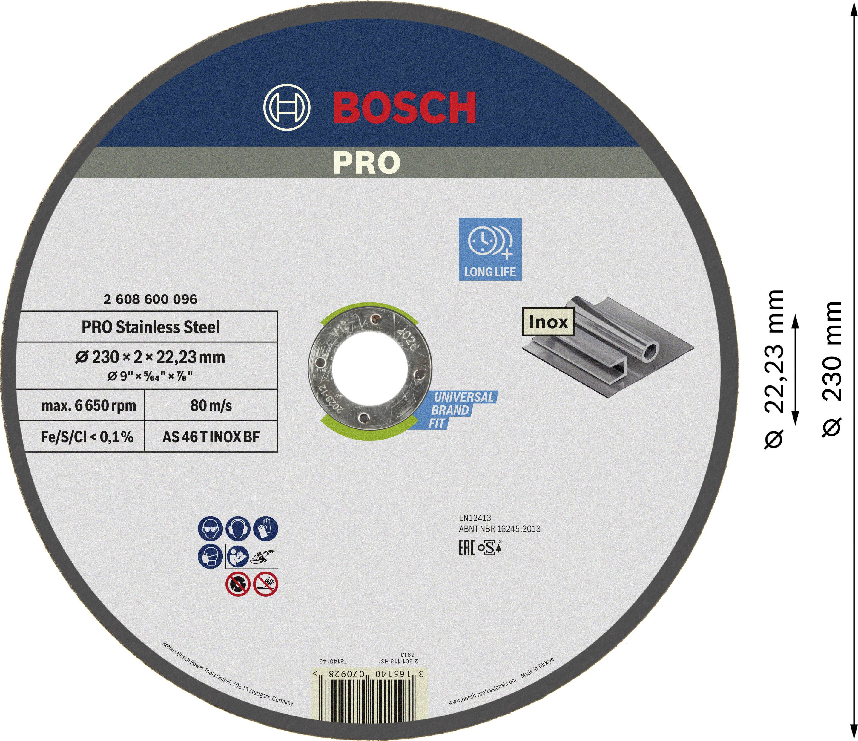 Disco abrasivo Bosch, modello PRO per acciaio inox, diametro 230 mm, spessore 2 mm. Adatto per smerigliatrici angolari, durevole.