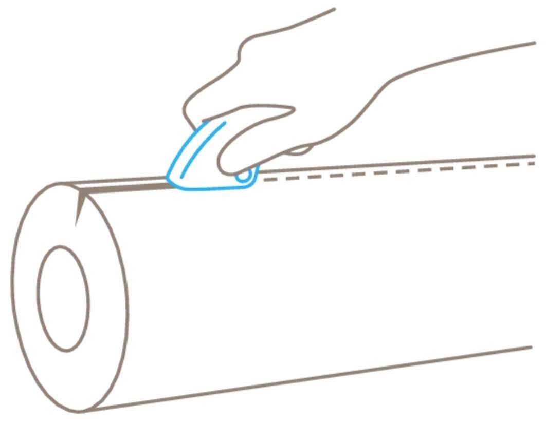 Grafica di un coltello che taglia lungo una linea tratteggiata attraverso un rotolo di carta, mostrando il taglio della carta sul rotolo.