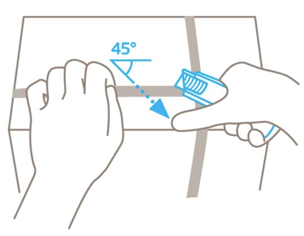 Illustrazione di due mani che aprono un pacco con un coltello in un angolo di 45 gradi.