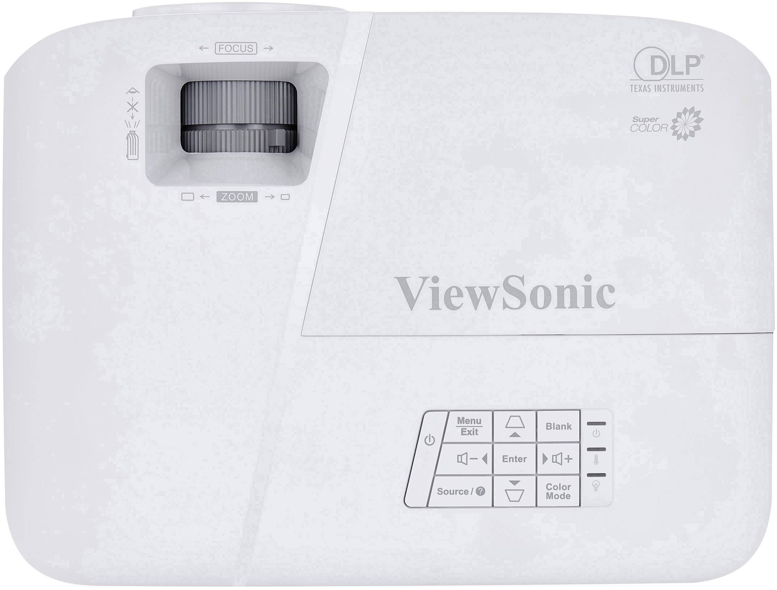 Un proiettore DLP bianco ViewSonic con pulsanti di controllo. In alto sono visibili le rotelle per la messa a fuoco e lo zoom. Logo del marchio in alto a destra.